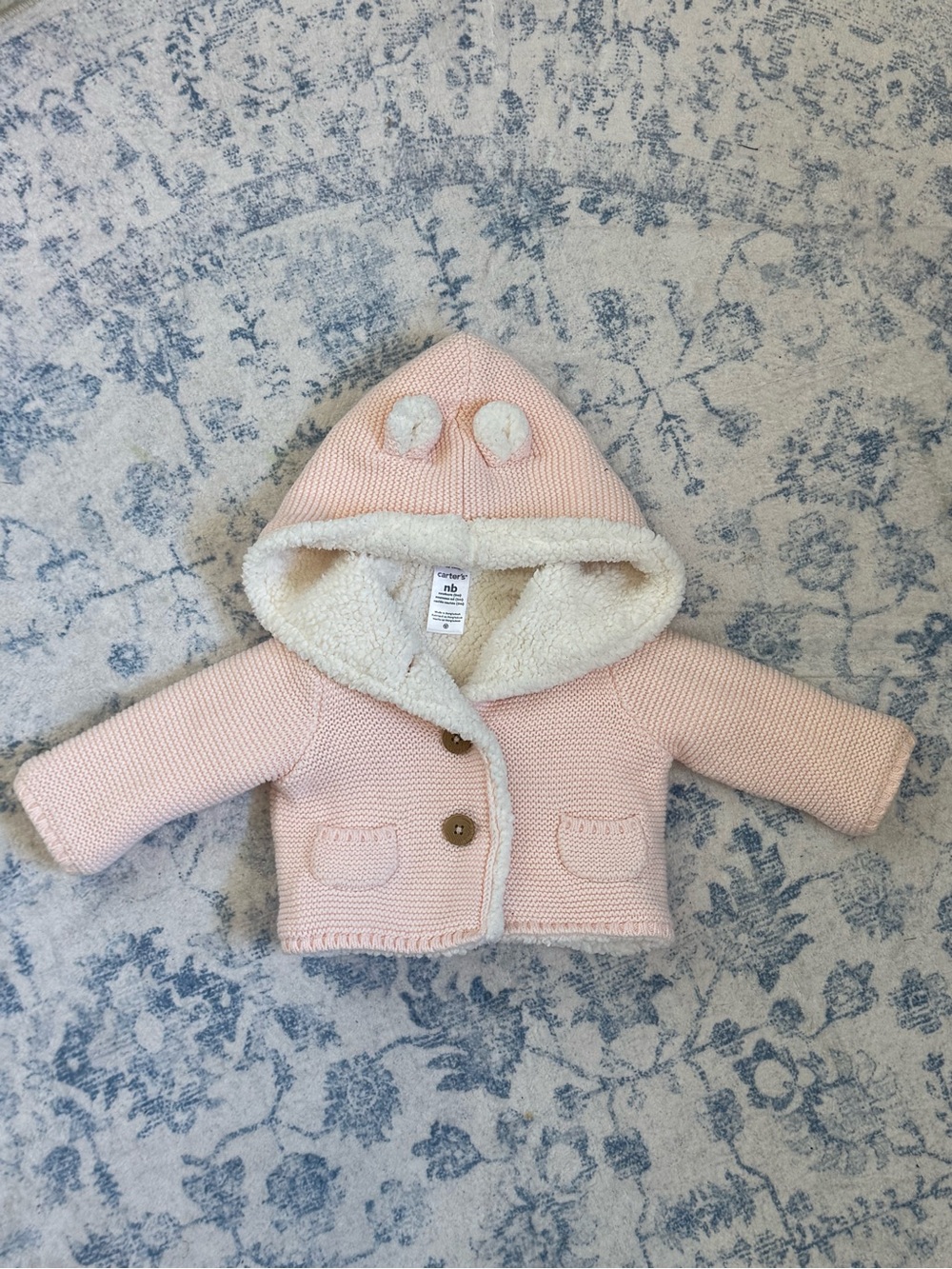 Carter's Light Pink Knit Hooded Sherpa Jacket with Pom Ears